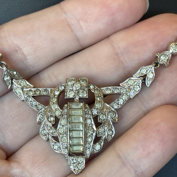 Rare 1930s Signed KTF Trifari ART DECO Rhinestone Necklace 17” Rhodium Plated - Picture 2 of 10